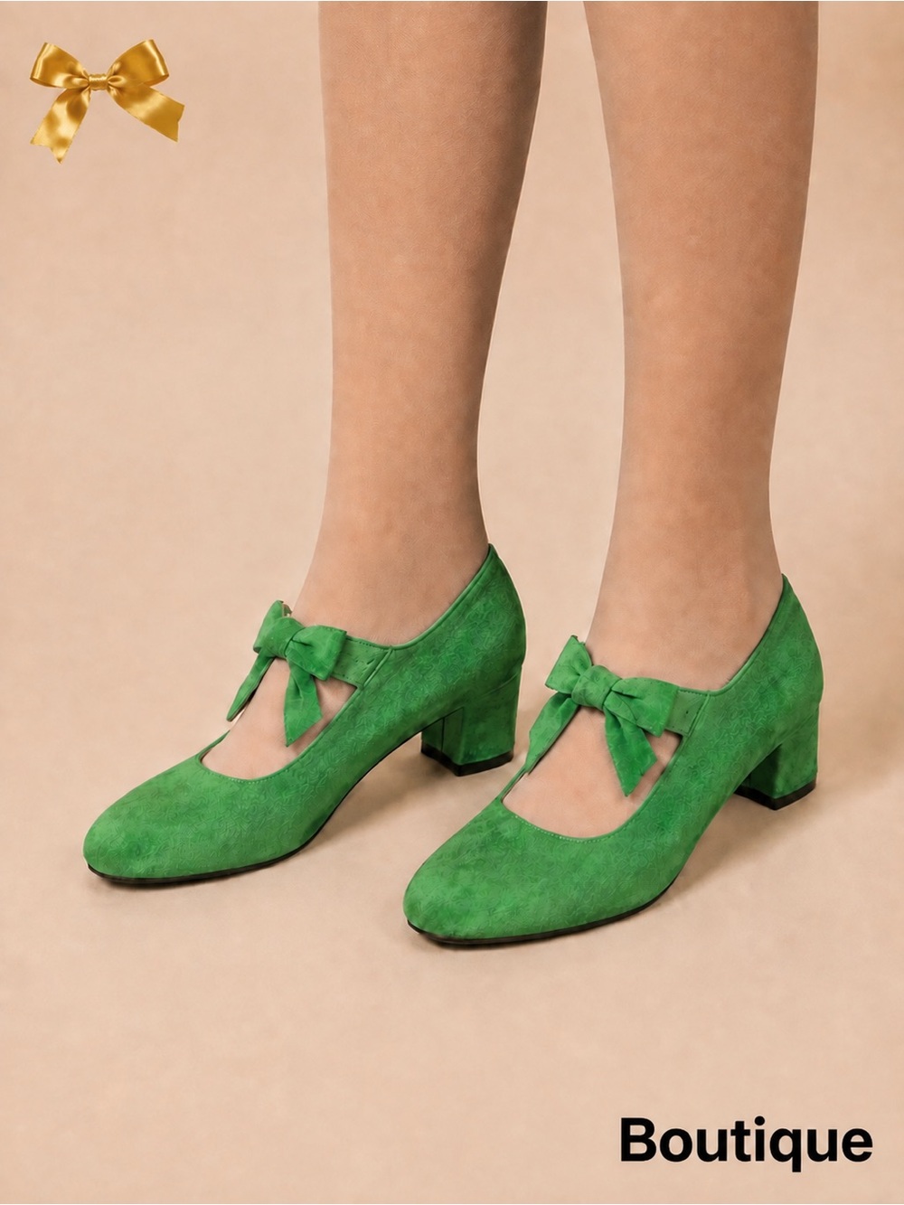 Boutique Green Bow Mary Jane Block Heel 
Suede-like Pumps EU 43 US 12